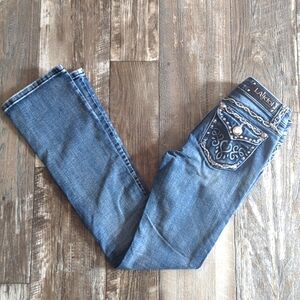 Girls LA Idol bootcut cowgirl rodeo jeans blingy heart flap pockets sz 12